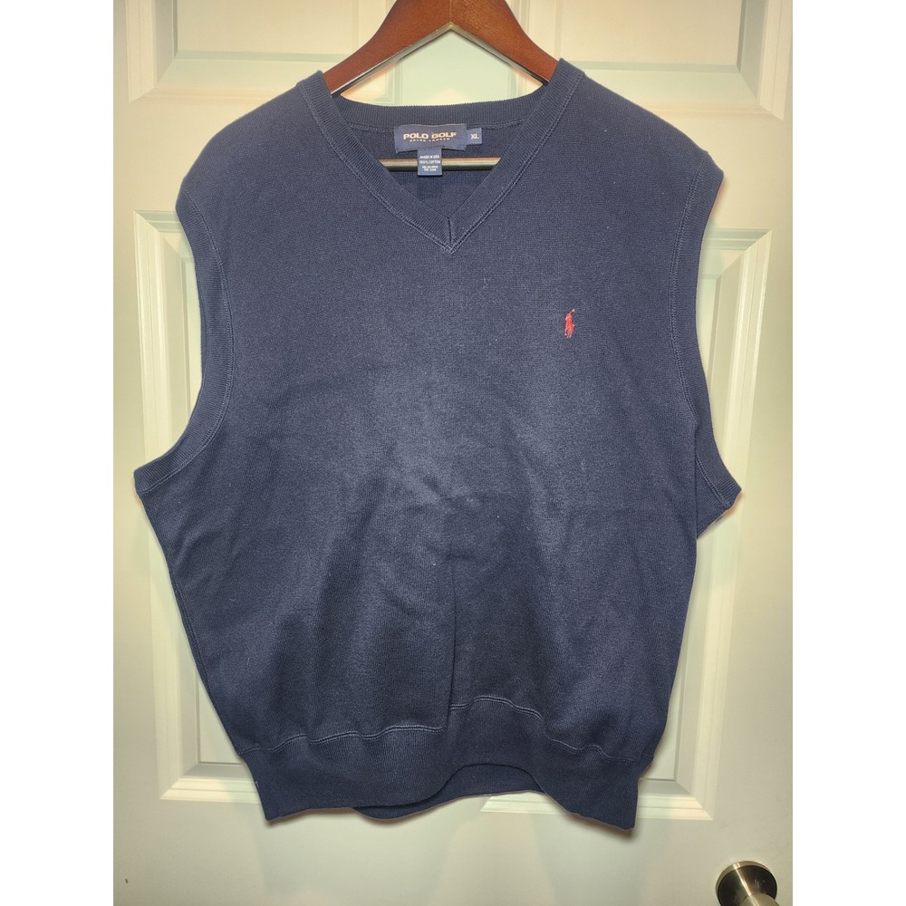 Vintage Polo Golf Ralph Lauren Sweater Vest Navy Blue V-Neck 90s Made in USA XL
